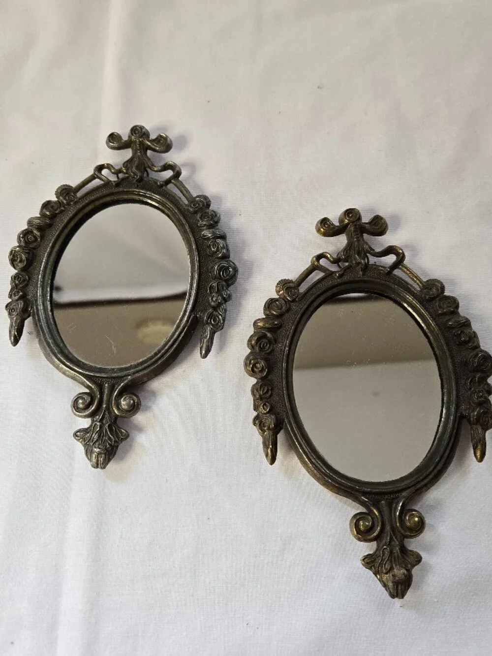 Vintage Italian Ornate Oval Wall Mirror Pair in Antiqued Brass Finish